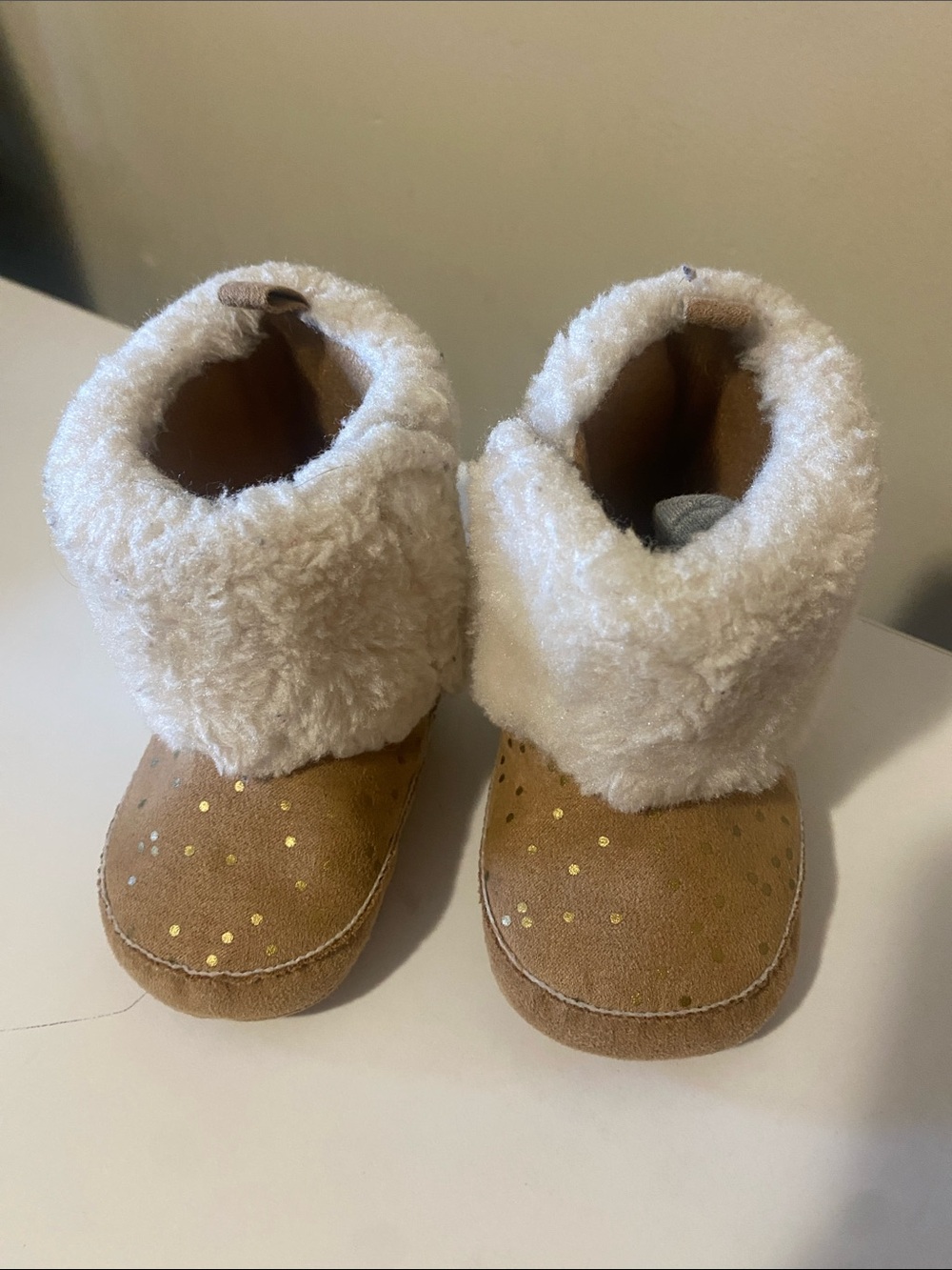 Rising Star Tan Kids Booties with Cream Faux-Shearling and Gold Dot Accents